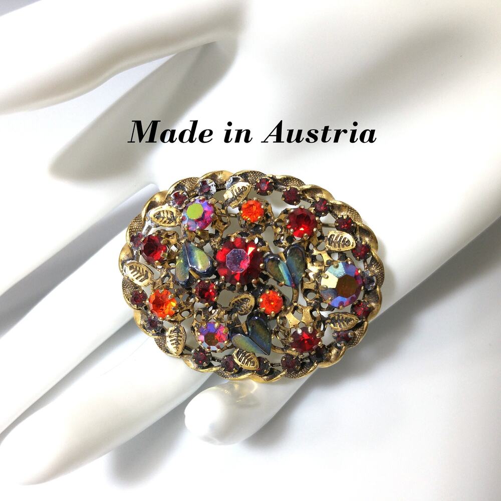 Vintage Austrian Red Orange AB Rhinestone Leaf Brooch Art Glass 1950s